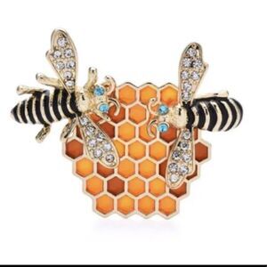 - Vintage Enamel Crystal Bee Honeycomb Brooch Pin.
